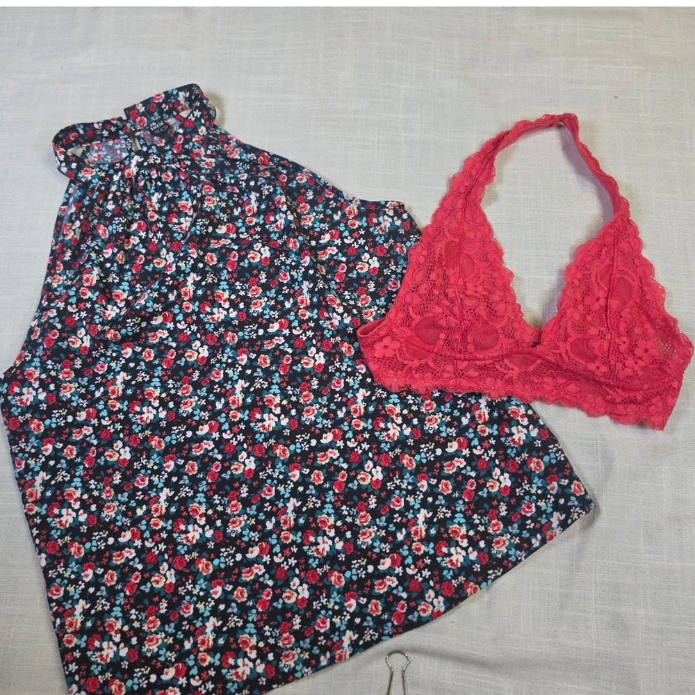 Shein Floral Halter Top and Red Lace Bralette Set Small Black Ditsy Rose Print